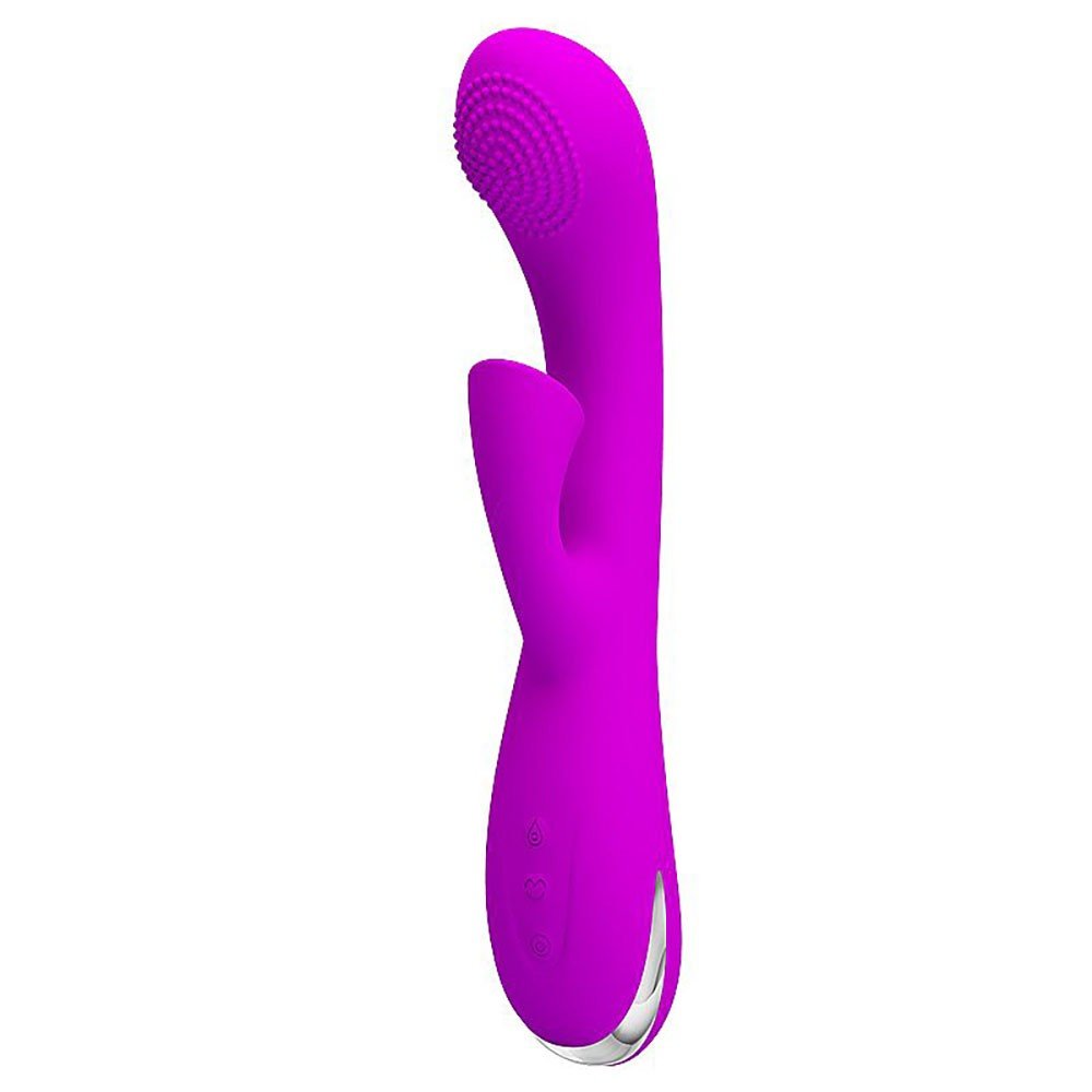 Vibrador Duplo em Silicone Recarreg�vel Roy Pink em vista lateral, exibindo os bot�es de controle e a curvatura para o ponto G