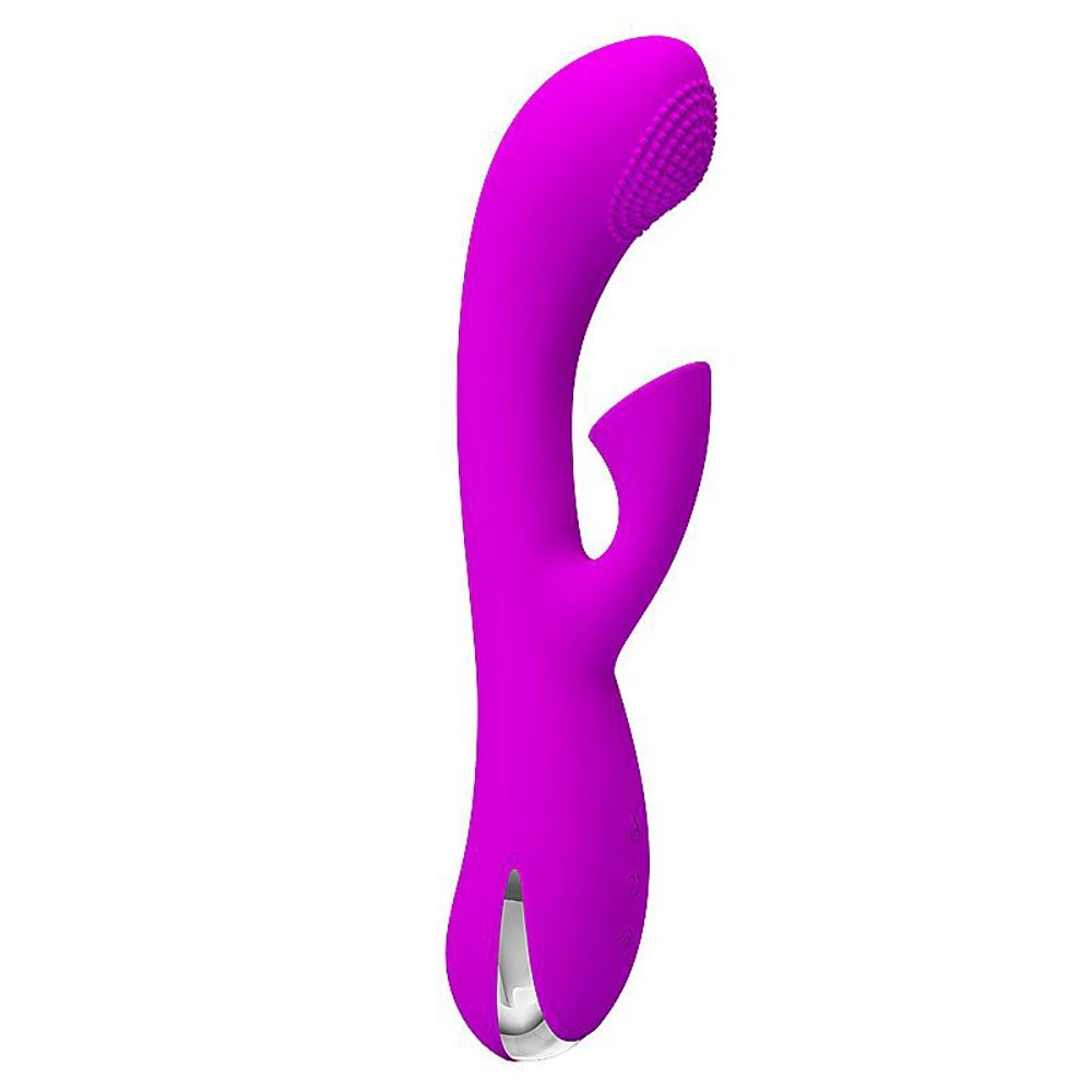Vibrador Duplo em Silicone Recarreg�vel Roy Pink em �ngulo, mostrando o estimulador de clit�ris e o material em silicone