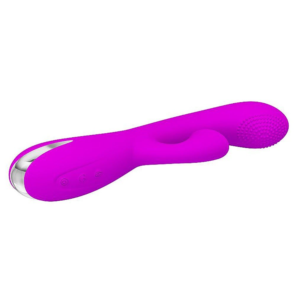 Vibrador Duplo em Silicone Recarreg�vel Roy Pink em vista superior, com destaque para a textura do estimulador e a base recarreg�vel