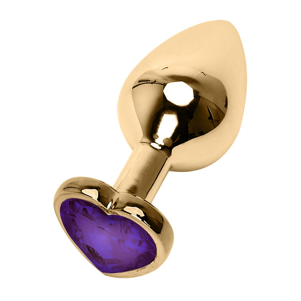 plug anal joia dourado tamanho P, vista diagonal mostrando o cristal roxo cora��o e corpo em a�o inox