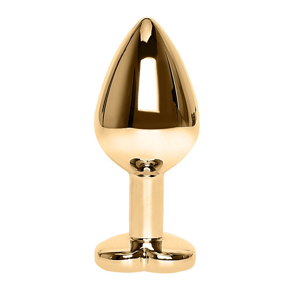 vista lateral do plug anal joia dourado P com detalhe do cristal roxo cora��o e formato gota
