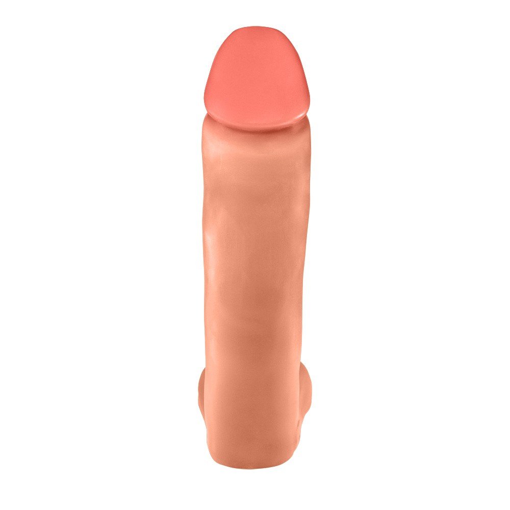 P�nis Gigante e Grosso Flex�vel com Escroto Benga bege, detalhe do escroto e da sua base flex�vel