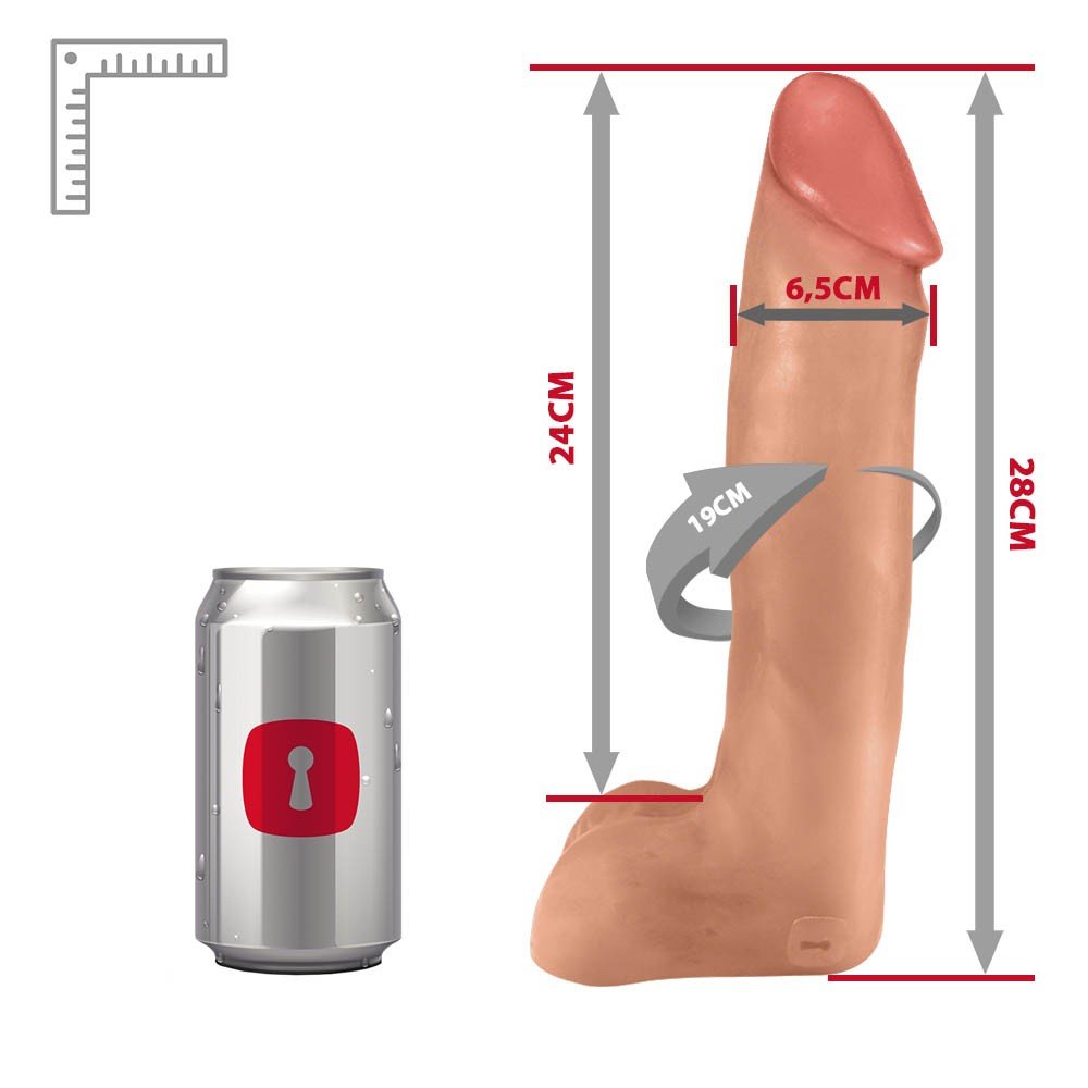 P�nis Gigante e Grosso Flex�vel com Escroto Benga bege, vista isolada da parte do escroto e a base para cinta