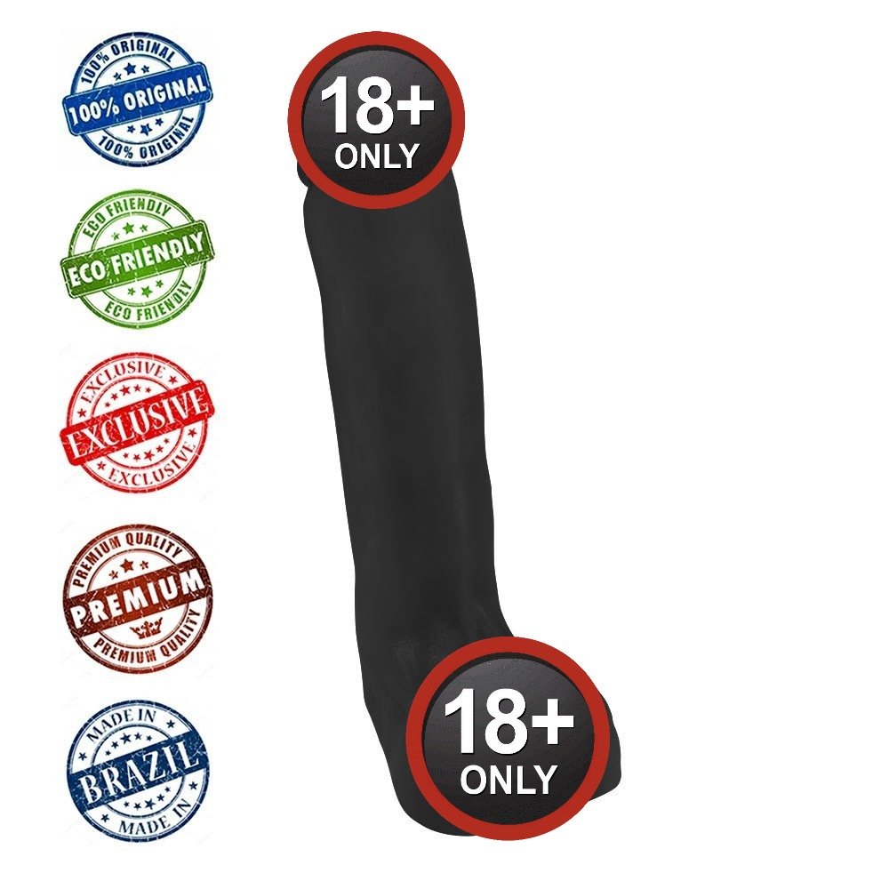 Detalhe do escroto e da base do P�nis Gigante e Grosso Flex�vel com Escroto Benga Preto, mostrando o material macio