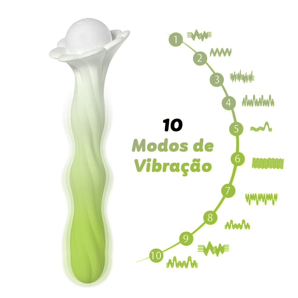 Vibrador Feminino Recarreg�vel em Silicone com 10 Vibra��es, mostrando todos os modos de vibra��o