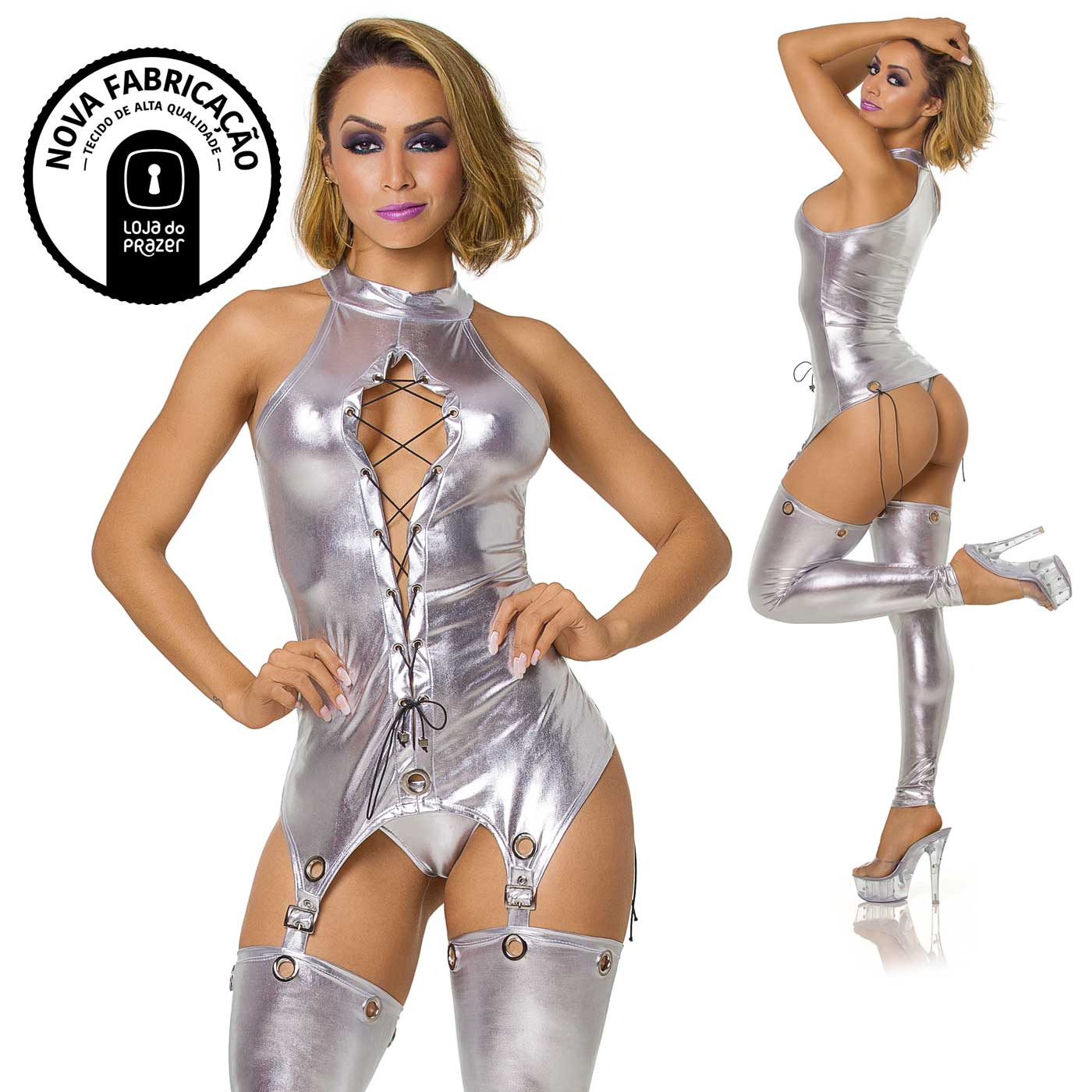 Conjunto Sensual Warrior Prata em dupla exposi��o, mostrando a frente e a lateral em um visual impactante e completo