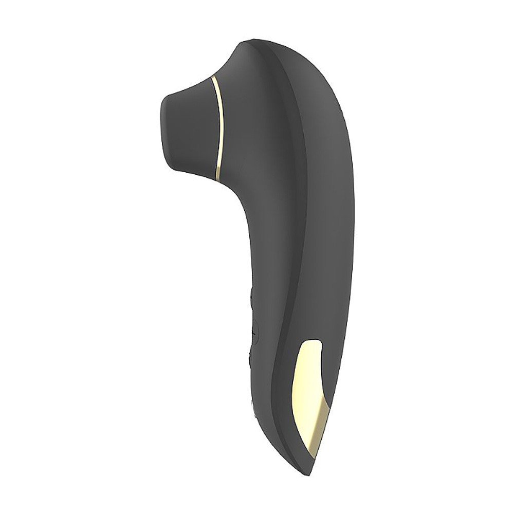 Pulsador de Clit�ris em Silicone Recarreg�vel Preto, mostrando os bot�es de controle e o detalhe dourado