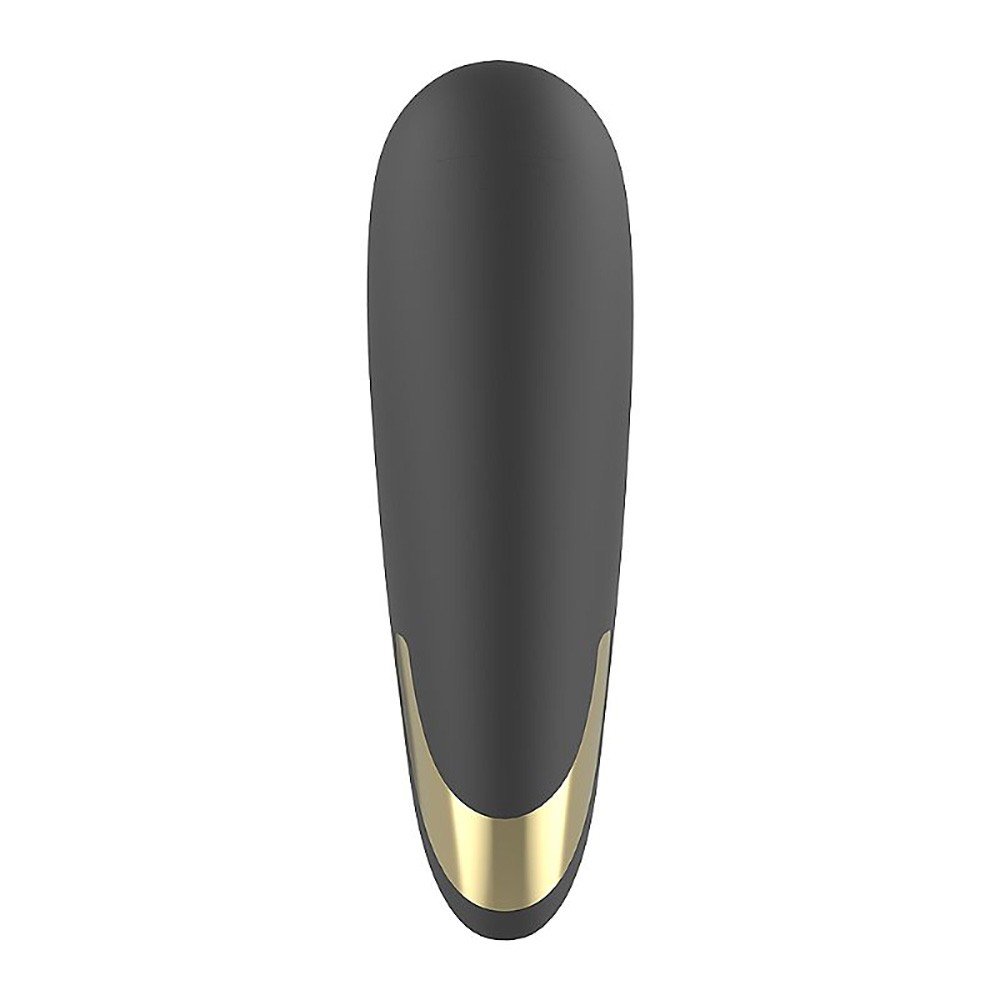 Pulsador de Clit�ris em Silicone Recarreg�vel Preto, vista frontal e superior com a entrada de carregamento