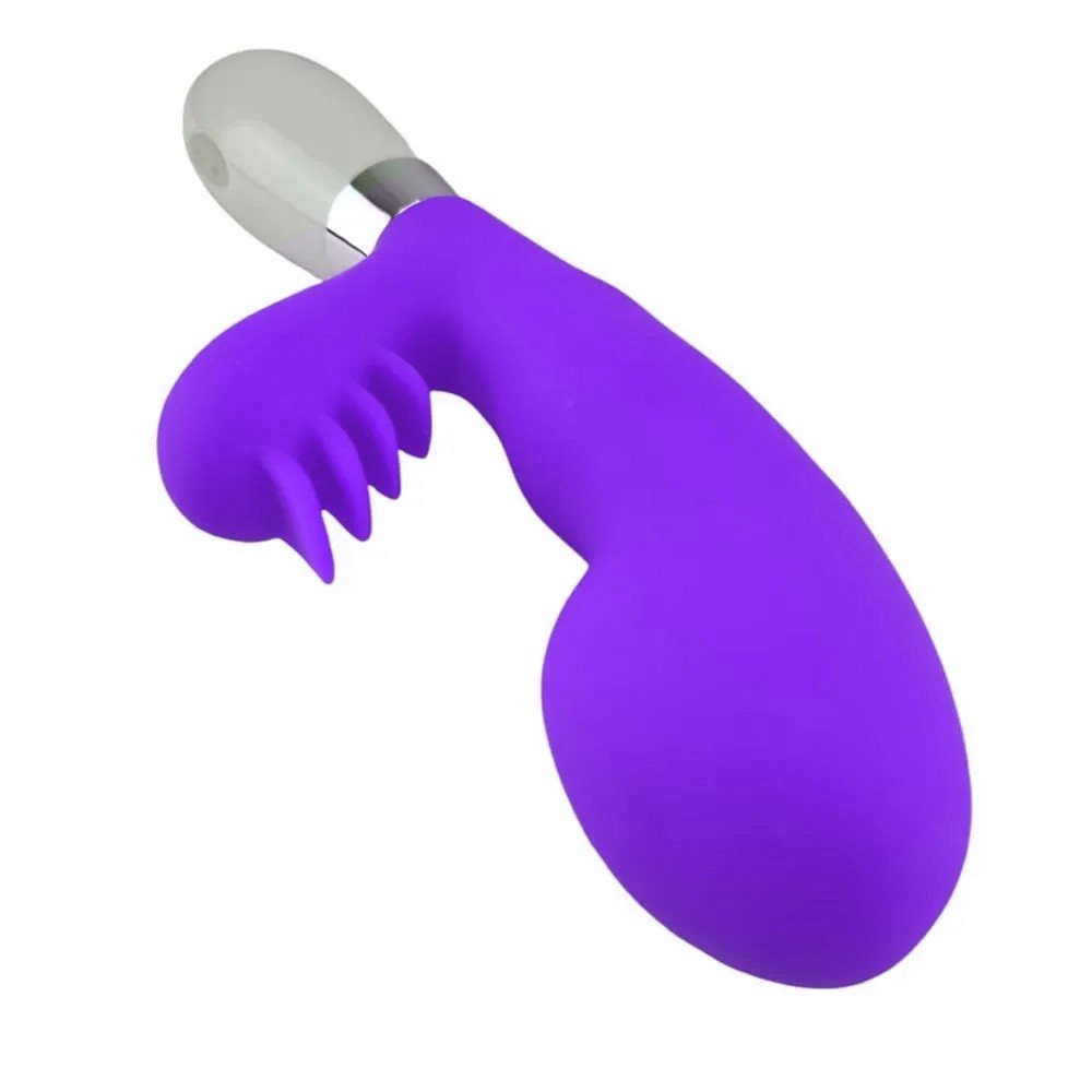 Vista lateral do vibrador duplo roxo, mostrando a curvatura ergon�mica para estimular as zonas de prazer
