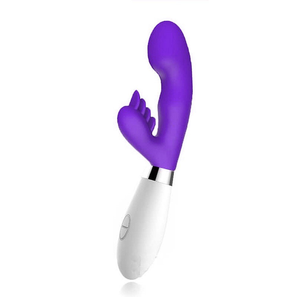 Vibrador duplo roxo, em vista frontal, destacando a al�a para clit�ris e a parte para ponto G