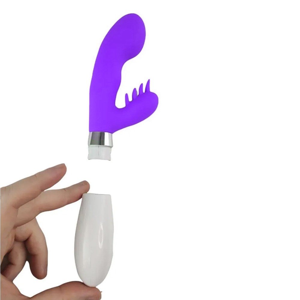 Vibrador duplo roxo, detalhe do compartimento de pilhas com a base branca e met�lica