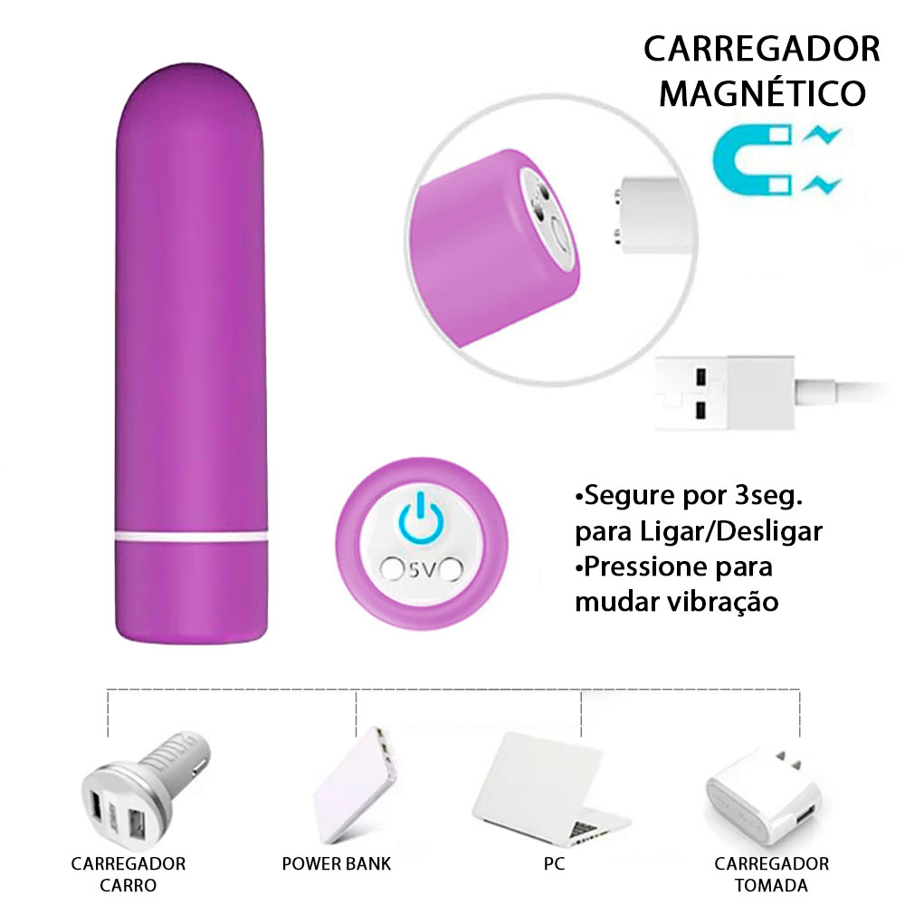 Vibrador Bullet Recarreg�vel via USB com 9 Vibra��es - ABS (Toque Aveludado) 6,9 x 1,9cm Seed Roxo | Foto 05