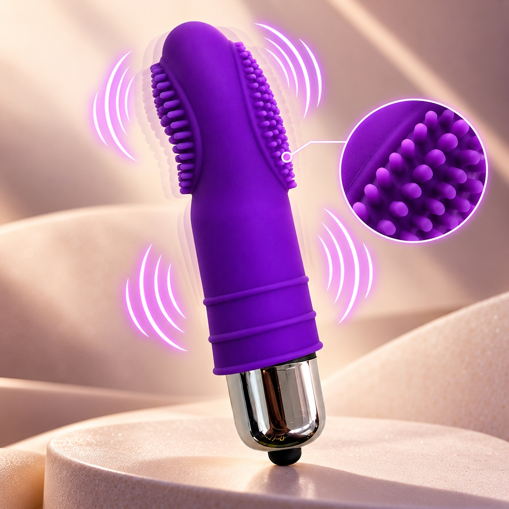 Vibrador bullet roxo em uso com ondas de vibra��o, destacando cerdas massageadoras e detalhe ampliado da textura