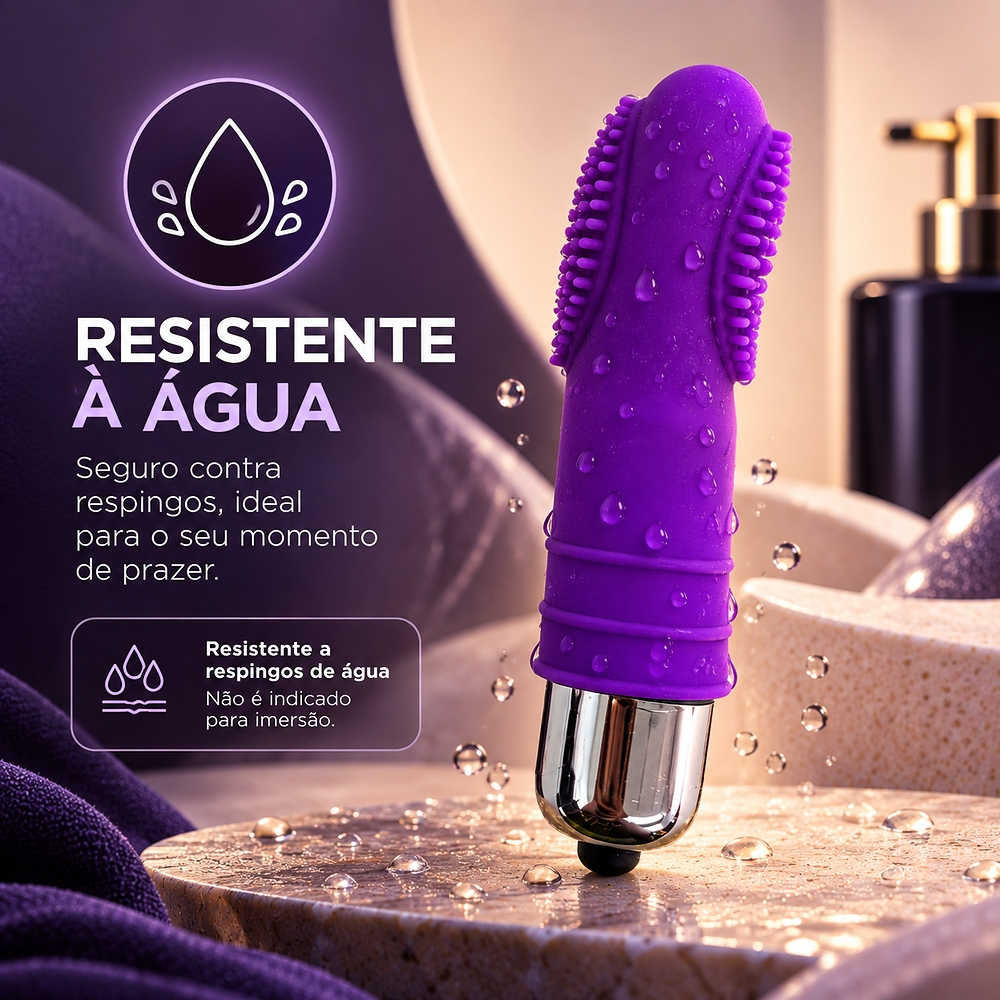 Vibrador bullet roxo com capa de silicone coberta por gotas de �gua, mostrando resist�ncia a respingos