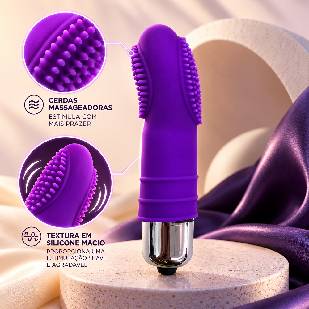 Vibrador bullet roxo com destaque para cerdas massageadoras e textura em silicone macio com toque aveludado