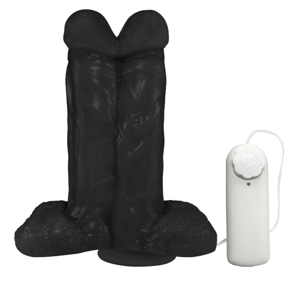 Pênis Maciço Juntos em PVC Flexível com Vibrador e Ventosa 16,5 x 6,5cm Preto | Foto 01