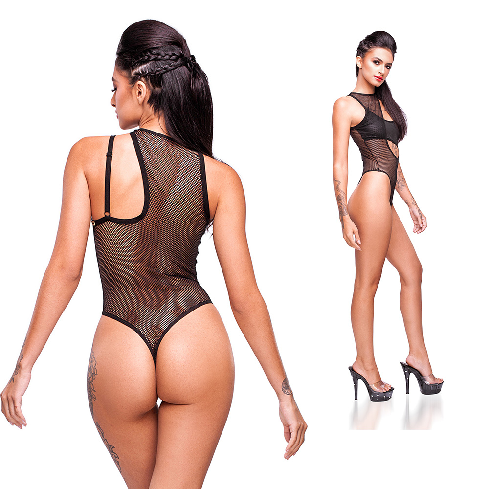 Vista lateral e traseira do Body Cavado Sensual Sexy em Arrast�o e Cirre sem Bojo Preto, evidenciando o design cavado e o fio dental