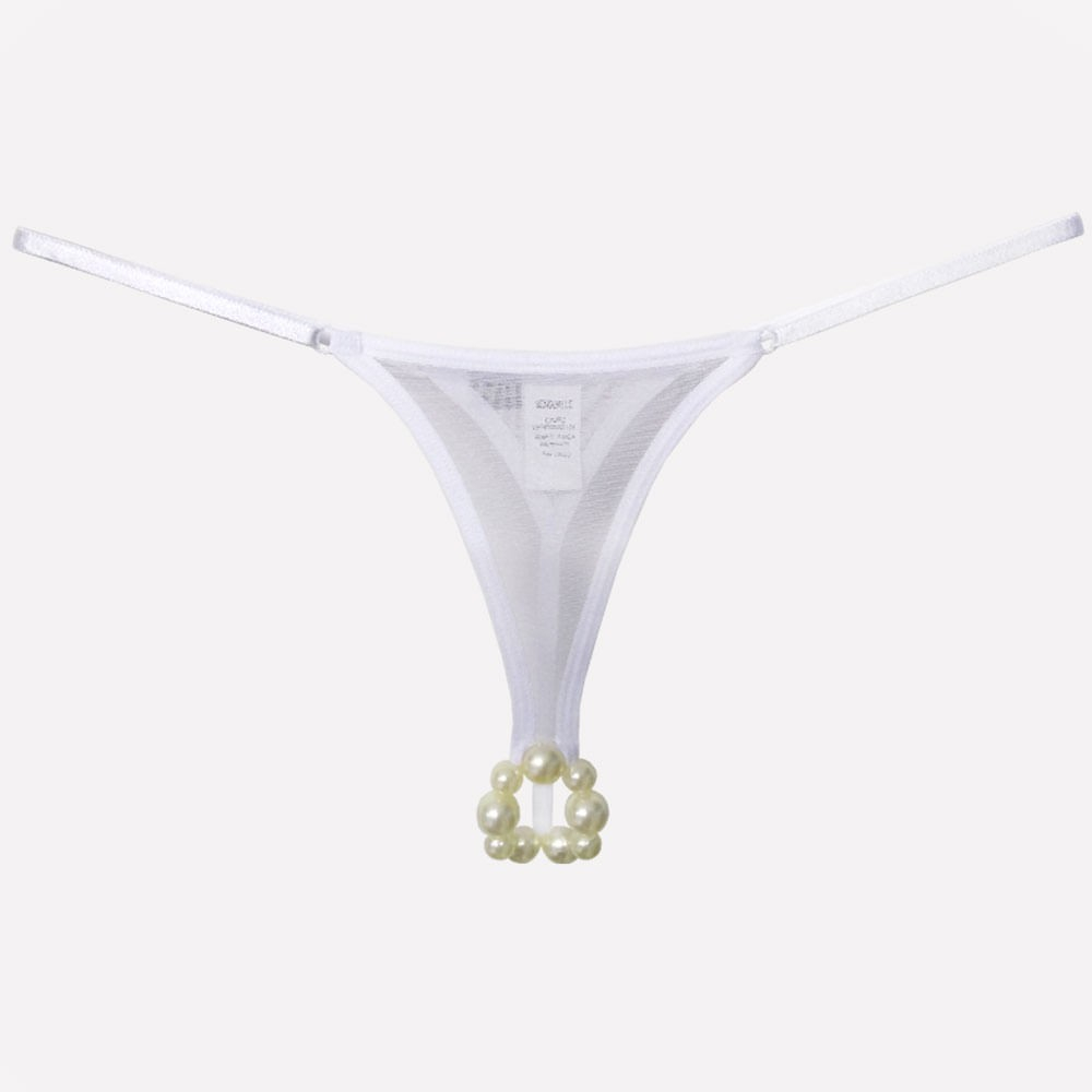 Calcinha Tailandesa Fio Dental Sensual Sexy em Tule Branca, vista frontal da pe�a plana, evidenciando o tule e o anel de p�rolas