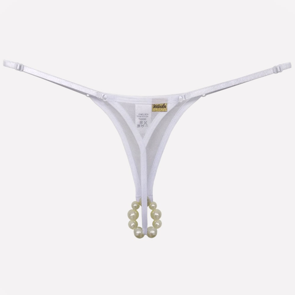 Calcinha Tailandesa Fio Dental Sensual Sexy em Tule Branca, pe�a plana vista traseira, destacando as costuras delicadas, o tule e o anel de p�rolas