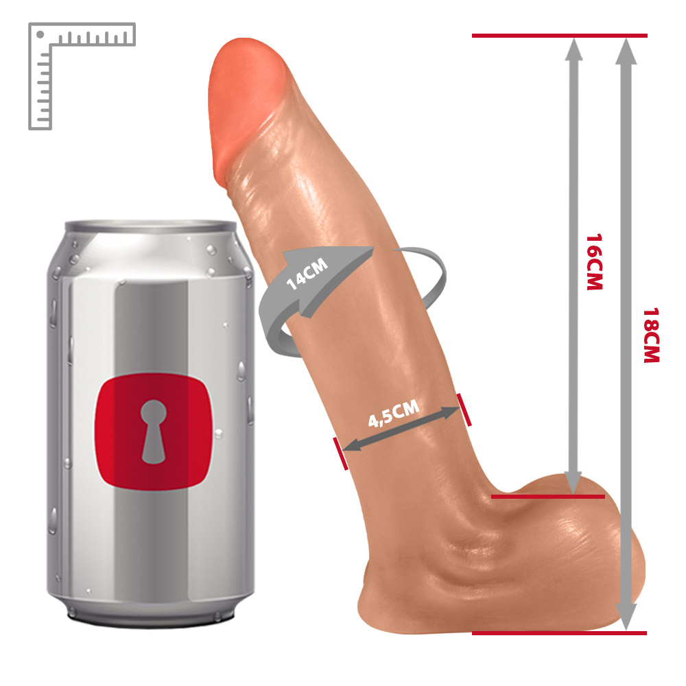 P�nis Real�stico Flex�vel com Escroto LOVER 18 x 4,5cm Bege, vista lateral com escroto em destaque