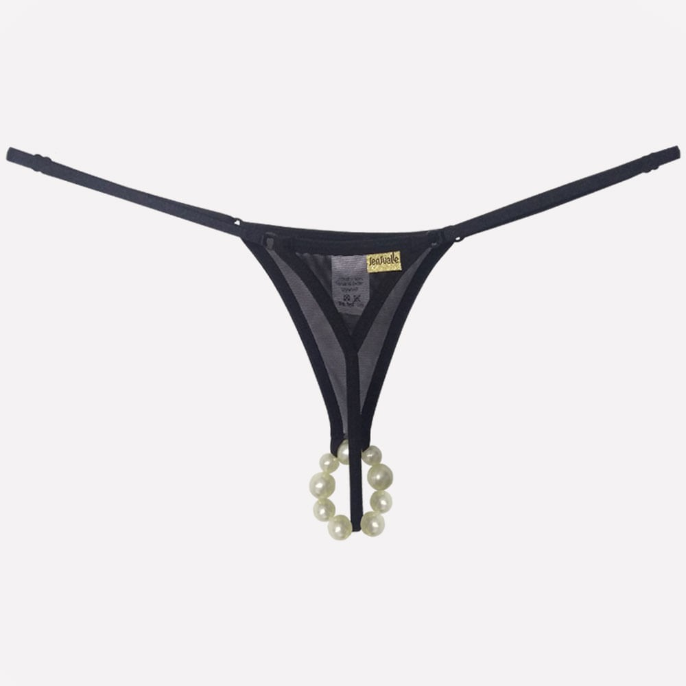 Calcinha Tailandesa Fio Dental Sensual Sexy em Tule Preta com p�rolas, detalhe ampliado das p�rolas