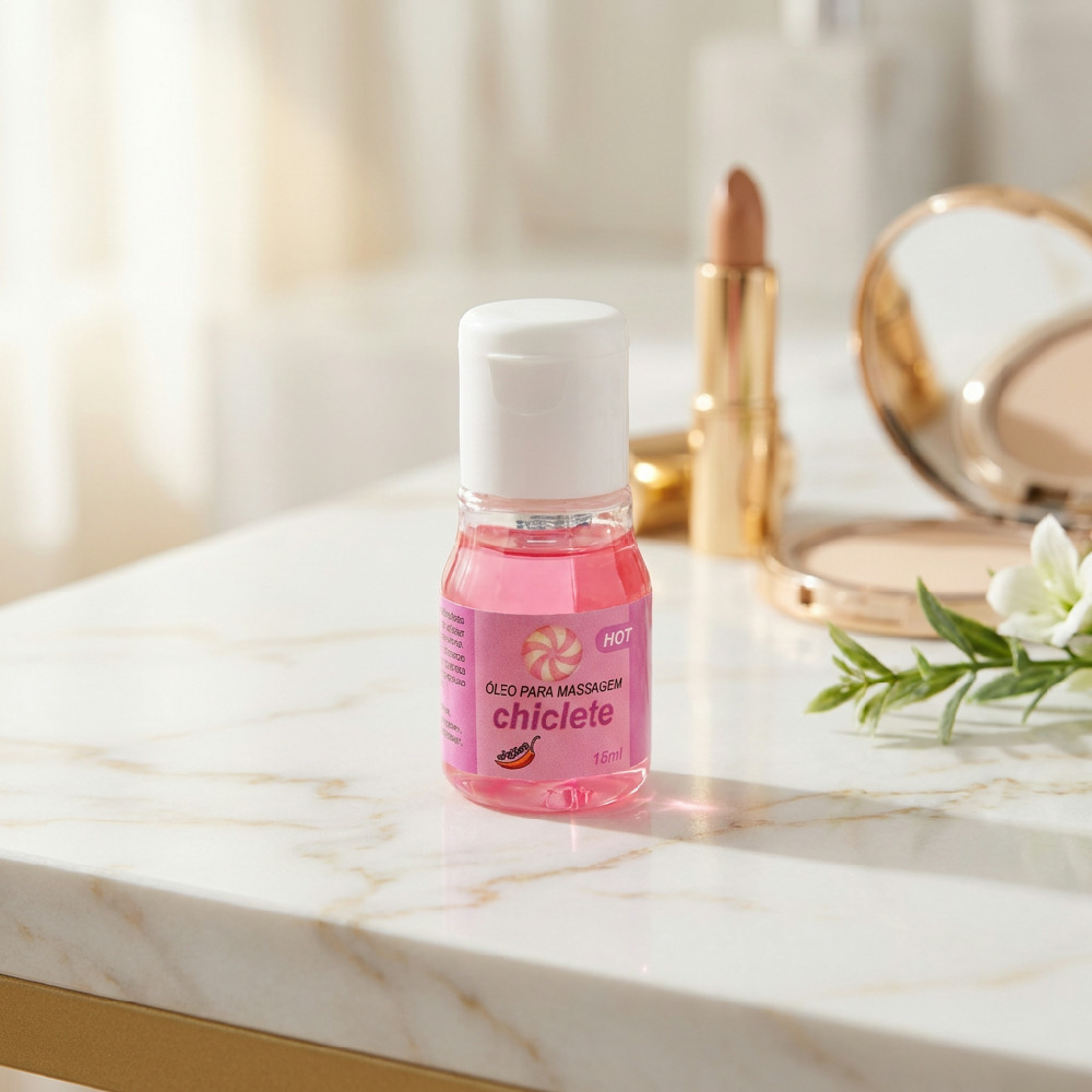�leo para Massagem Beij�vel Hot Sabor Chiclete 15ml em cen�rio de maquiagem, destacando seu aspecto delicado e sensual.