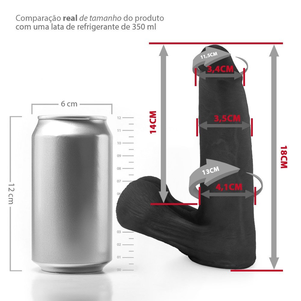 Dildo P�nis Real�stico com Escroto Mamba em PVC flex�vel 18 x 4,1cm Preto sem fundo, apresentando sua forma completa