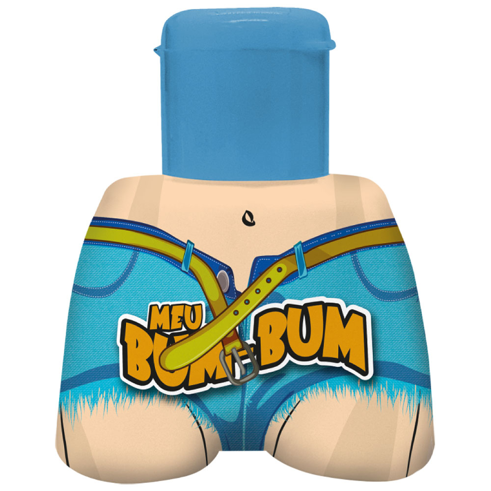 Frasco individual do gel Beijo Grego do Kit Meu Bum Bum, com tampa azul e estampa de cueca jeans