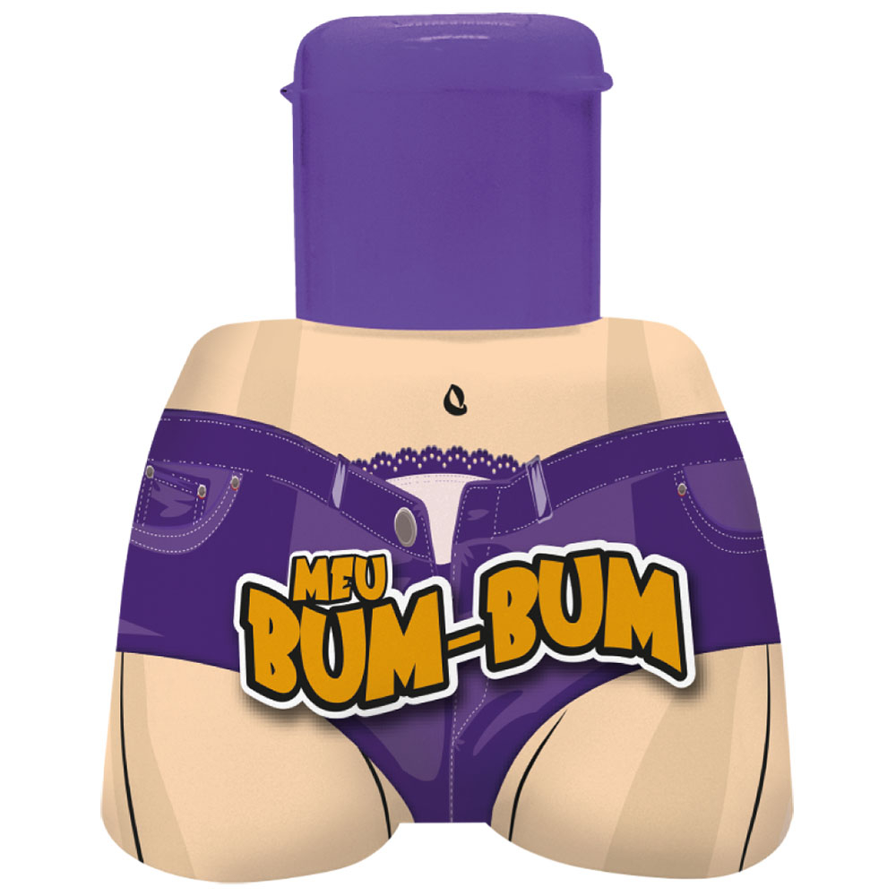 Frasco individual do gel Conforto do Kit Meu Bum Bum, com tampa roxa e estampa de cueca feminina roxa