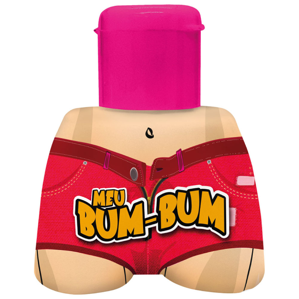 Frasco individual do gel Lubrificante e Refrescante do Kit Meu Bum Bum, com tampa pink e estampa de shorts vermelho