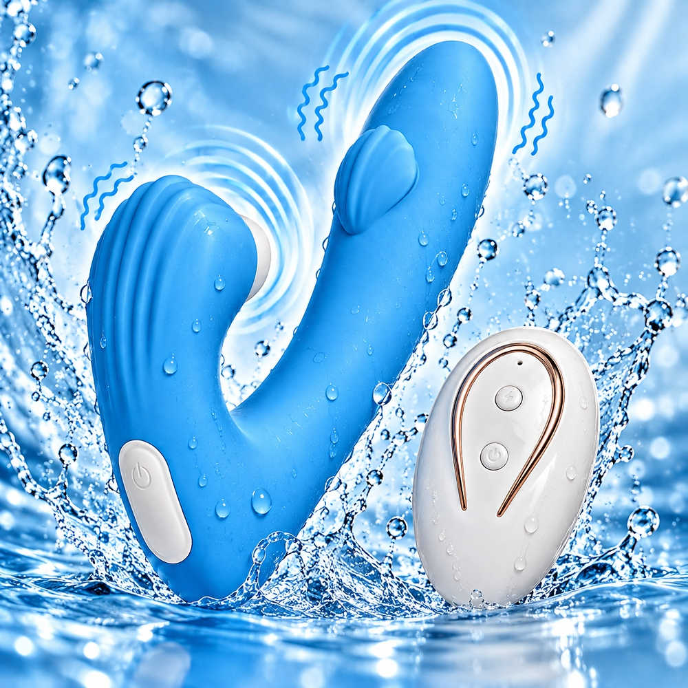 Vibrador duplo recarreg�vel azul em um fundo aqu�tico com respingos, controle remoto ao lado