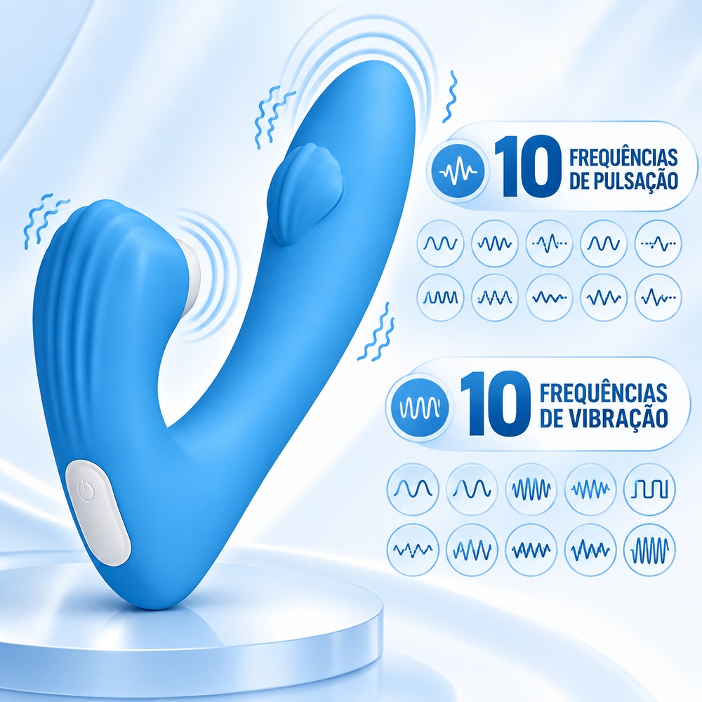 Vibrador duplo recarreg�vel azul com diagrama detalhando 10 frequ�ncias de pulsa��o e 10 frequ�ncias de vibra��o