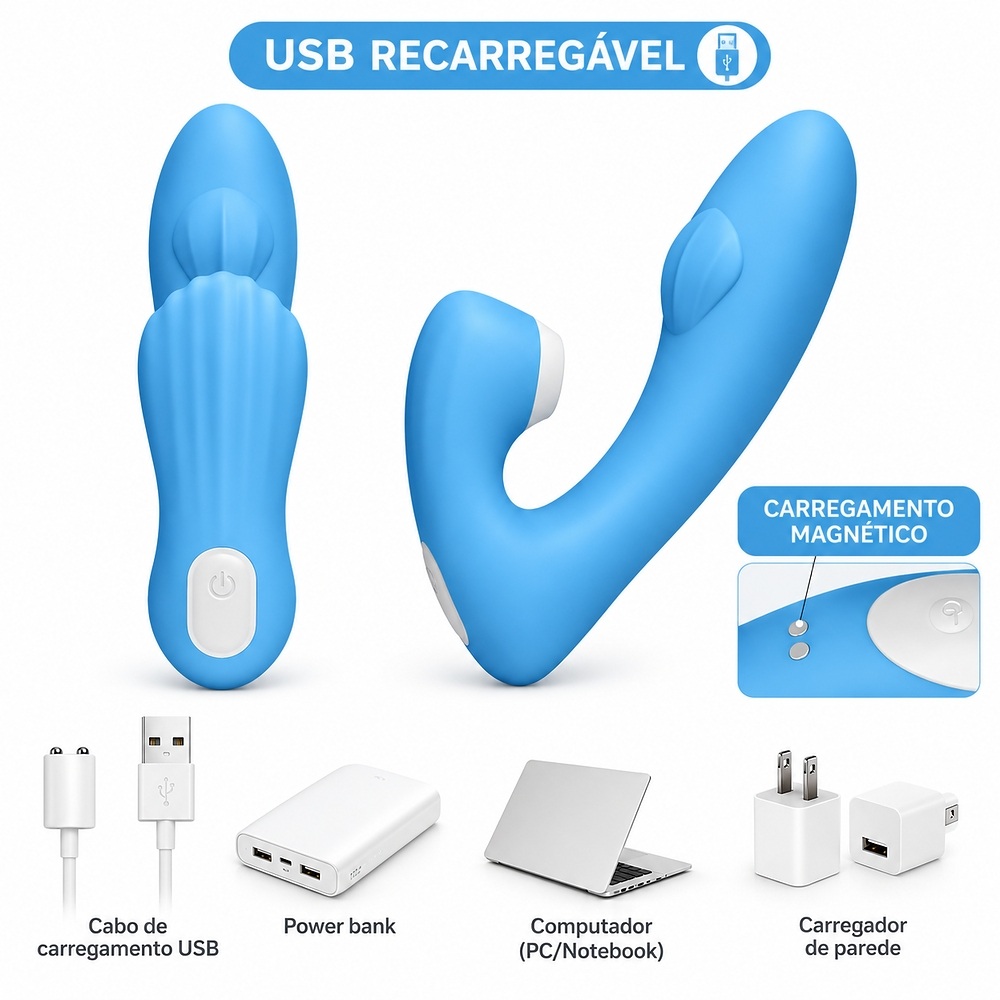 Vibrador duplo recarreg�vel azul e detalhes de carregamento USB, magn�tico, e compatibilidade com power bank, PC e carregador de parede