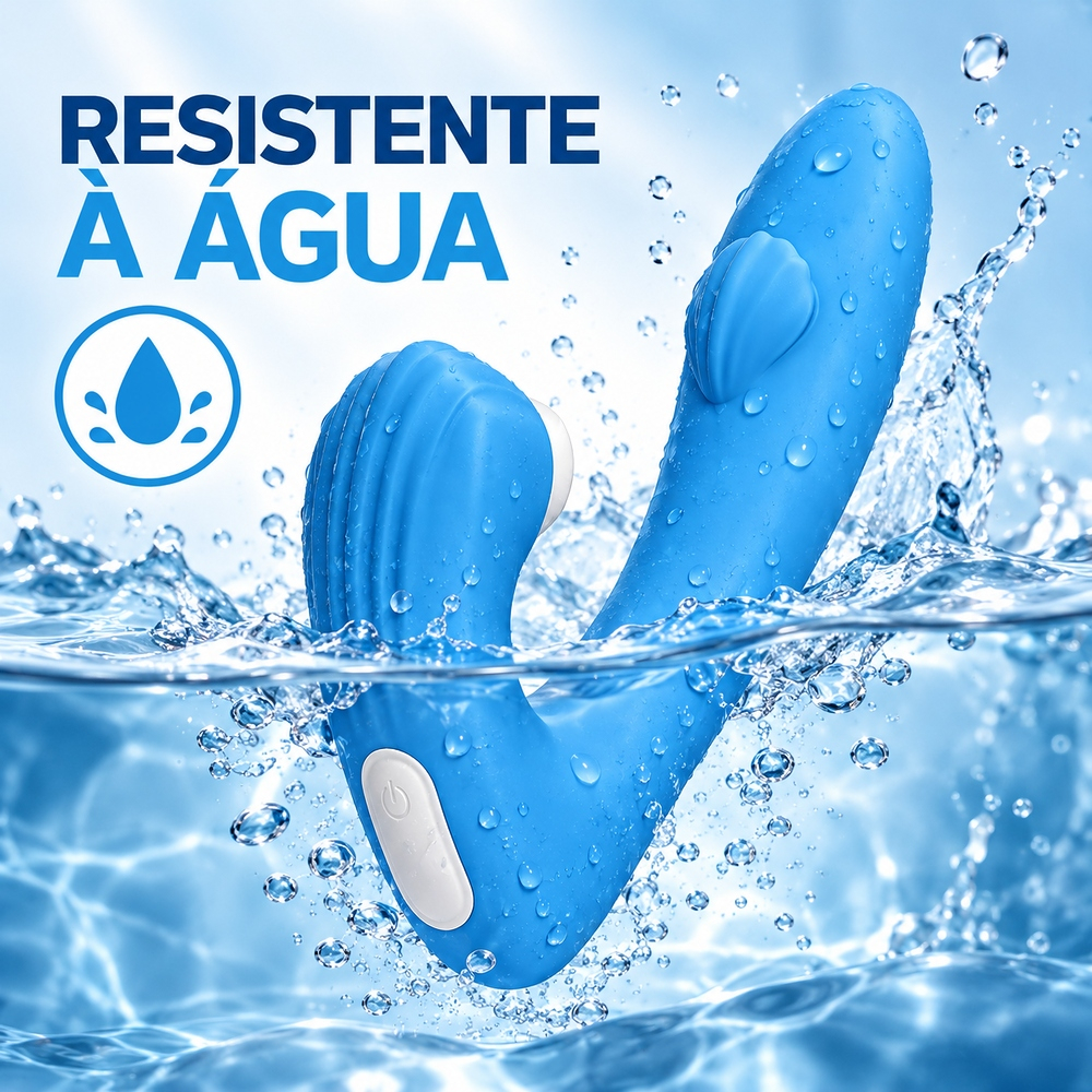 Vibrador duplo recarreg�vel azul submerso em �gua com respingos, destacando sua resist�ncia � �gua