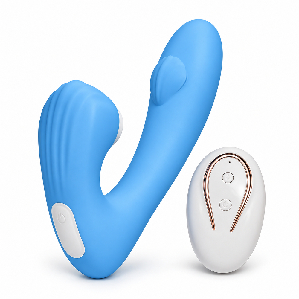 Vibrador duplo recarreg�vel azul em um fundo branco, mostrando suas duas pontas para estimula��o