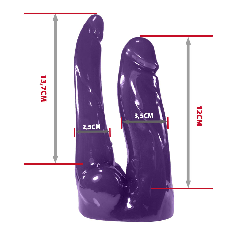 P�nis Duplo com Veias, Vibrador e Ventosa Transl�cido Roxo, detalhe da ventosa e controle
