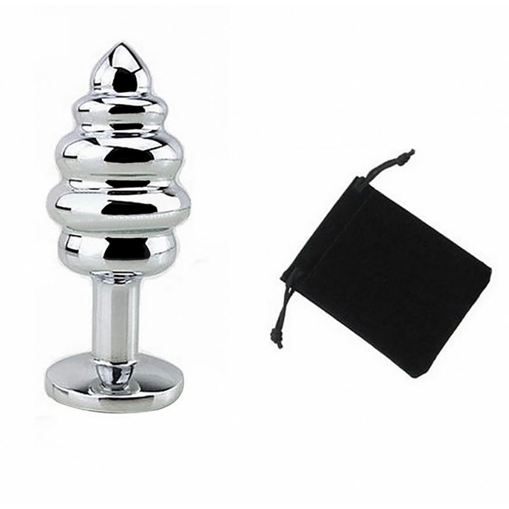 detalhe do acabamento em a�o inox do plug anal joia vermelha mostrando brilho met�lico premium e formato em gomos