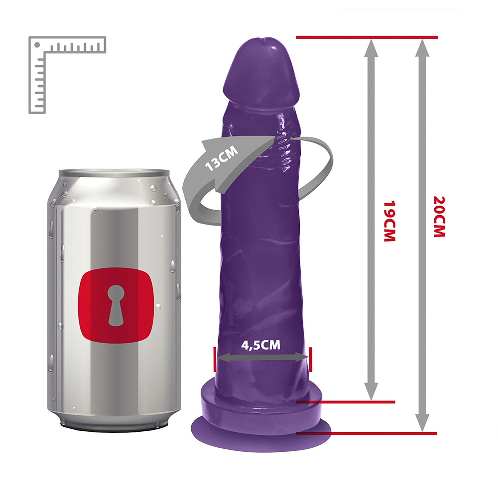 P�nis de Borracha Jueves com Vibrador e Ventosa 19 x 4,5cm Roxo Transl�cido em vista geral, destacando seu comprimento e largura