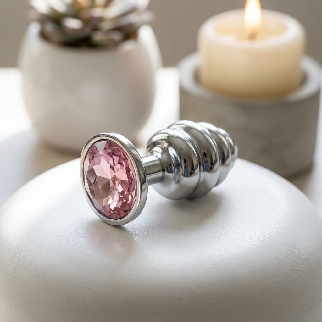 detalhe do acabamento em a�o inox do plug anal joia com cristal rosa mostrando brilho met�lico premium e superf�cie lisa em ambiente sensual