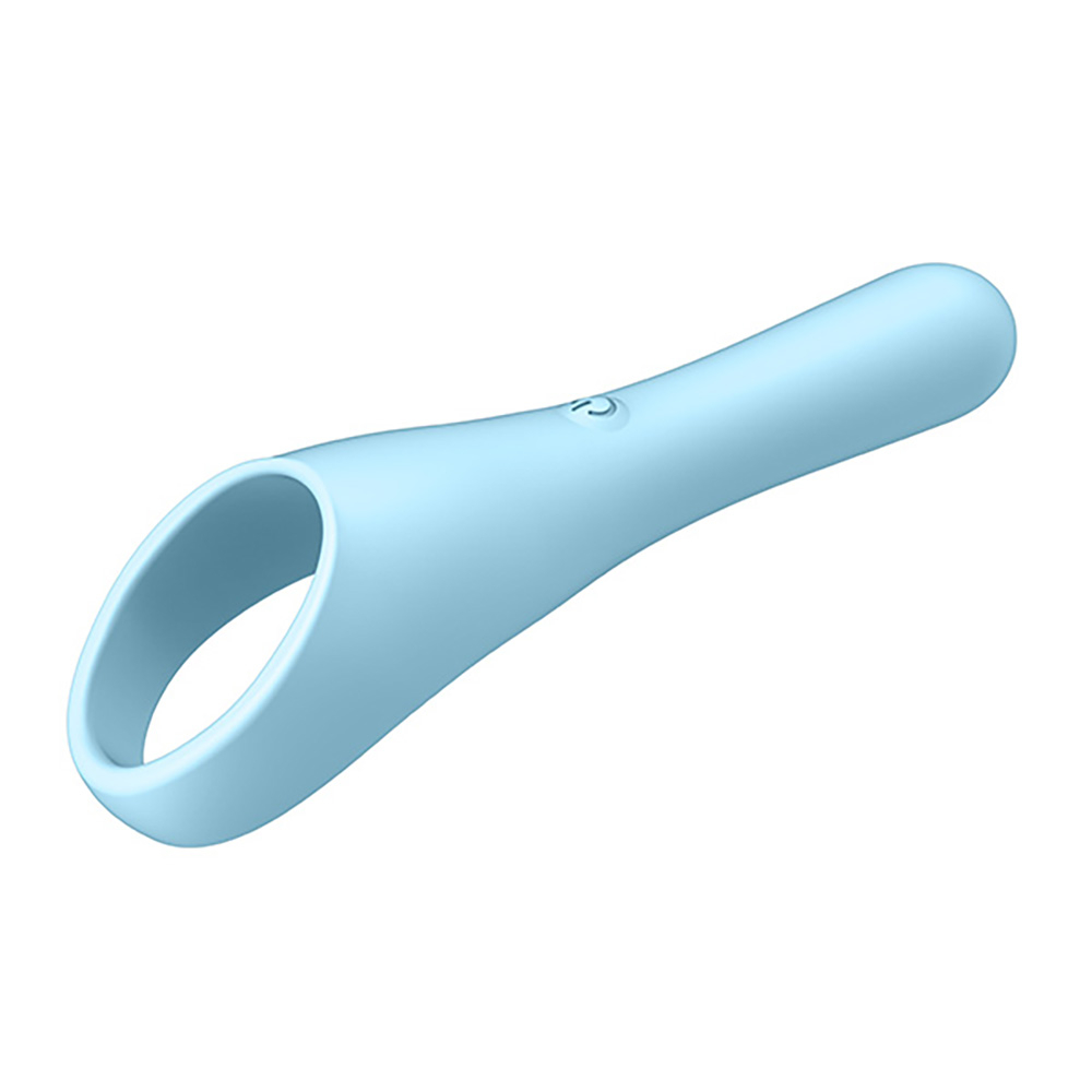 Vibrador Feminino Recarreg�vel em Silicone com 8 Vibra��es � Hit Azul | Vista em �ngulo do vibrador, mostrando o anel de dedo e a curvatura.