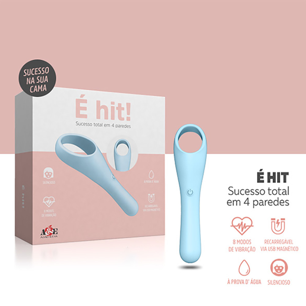 Vibrador Feminino Recarreg�vel em Silicone com 8 Vibra��es � Hit Azul | Imagem do produto com a embalagem, destacando seus atributos.
