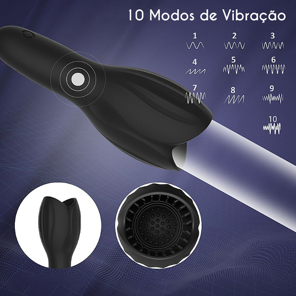 Masturbador Masculino Recarregável em Silicone com 10 Vibrações Woodblock Preto | Foto 04