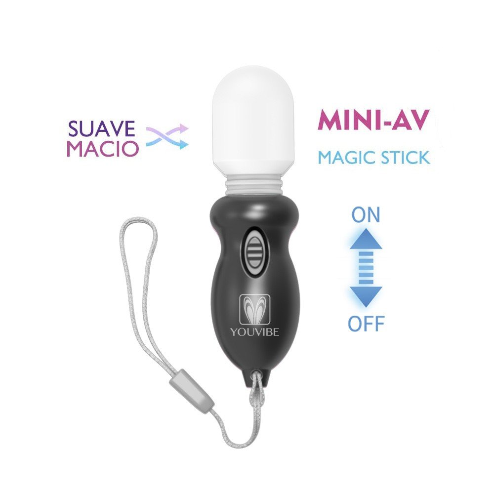 Vista frontal do Mini Massageador Er�tico Preto com indica��es de 'Suave', 'Macio' e 'MINI-AV Magic Stick', e bot�o ON/OFF.