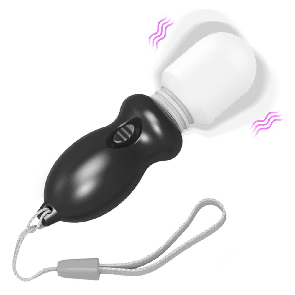 Mini Massageador Er�tico Preto em Silicone e ABS: Vista lateral com ondas indicando vibra��o na ponta de silicone.