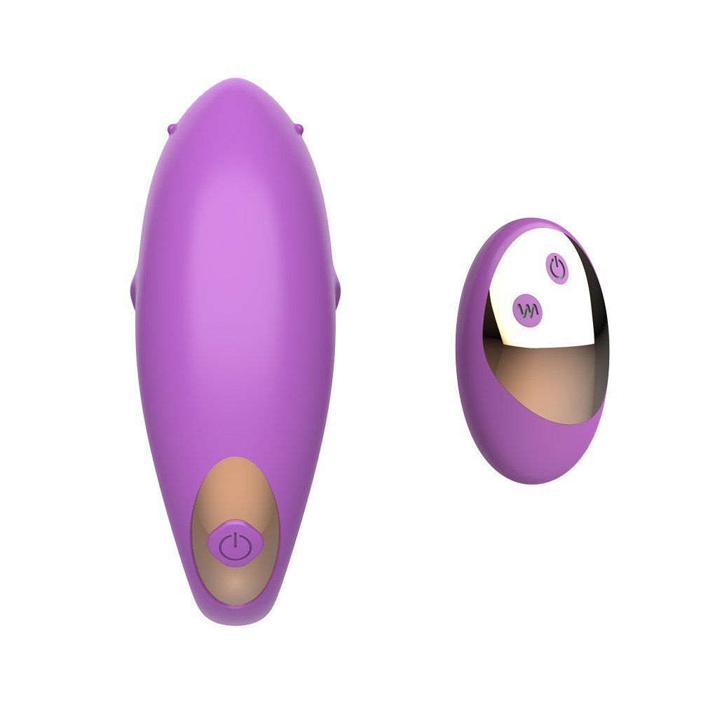 Vibrador para Casal em Silicone Recarreg�vel com 10 Vibra��es e Controle sem Fio Roxo - Vista superior do vibrador e controle remoto