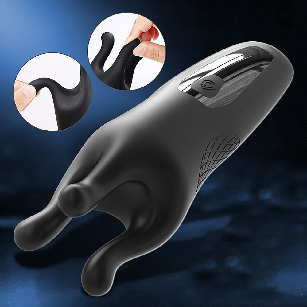 Vibrador Masculino Trident Preto, vista lateral destacando a flexibilidade e o mecanismo de controle com simula��o de a��o de estimula��o