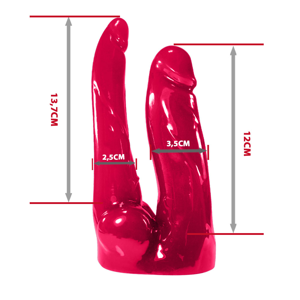 P�nis Duplo com Veias, Vibrador e Ventosa Transl�cido 12 x 3,5 cm e 13,7 x 2,5cm Pink em composi��o completa, destacando tamanho e todos os detalhes