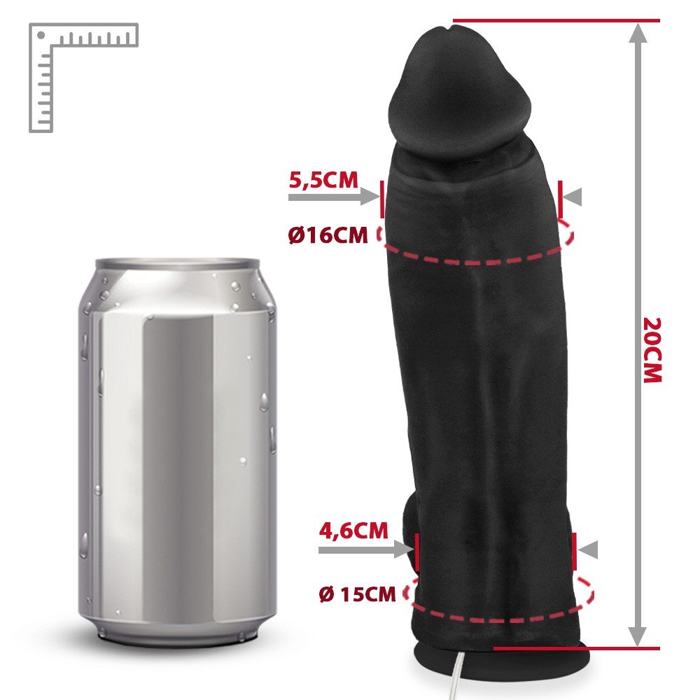 P�nis Maci�o Sedutor em PVC Flex�vel Preto com vibrador, em vista lateral, exibindo a ventosa e o controle remoto.
