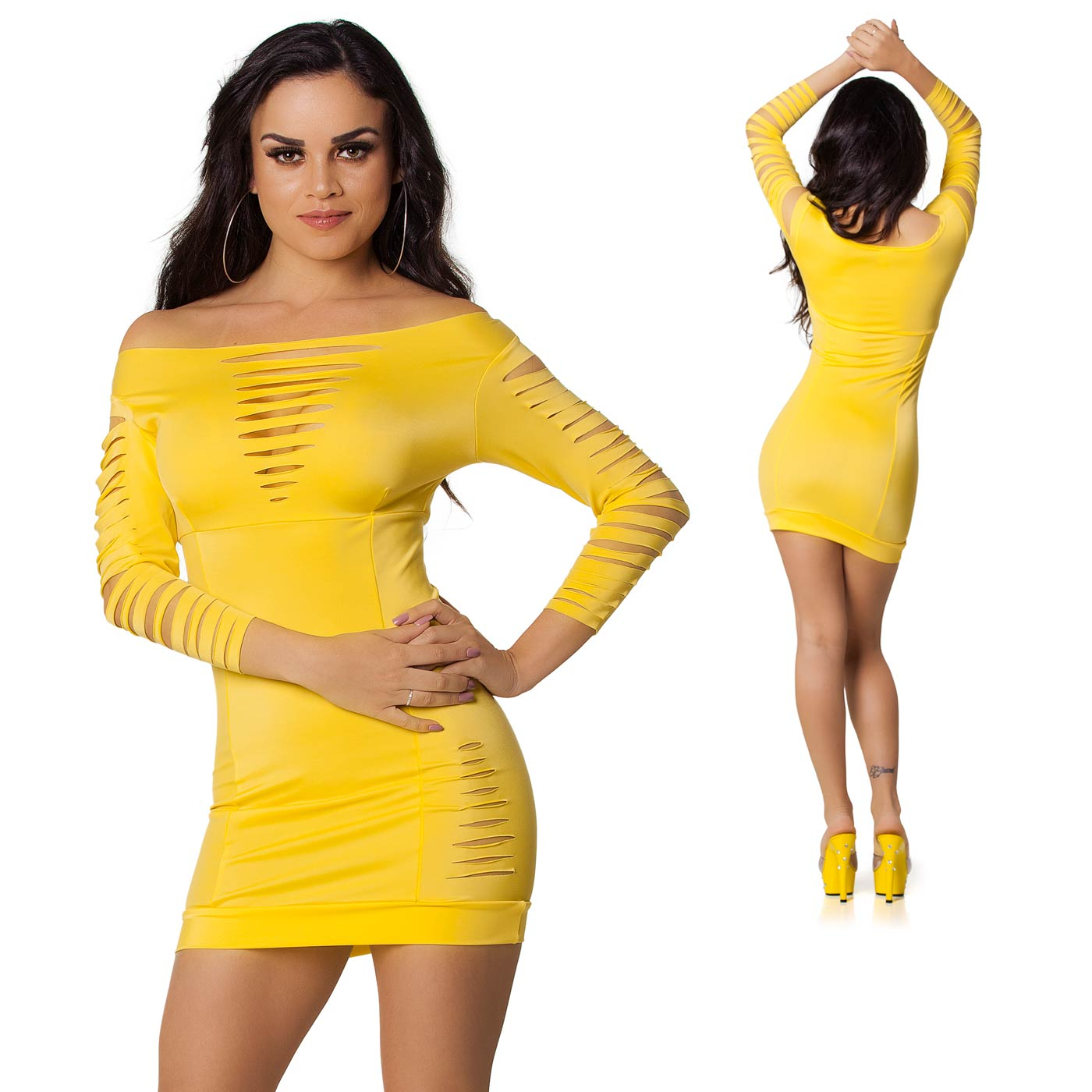 Vestido Sensual com Manga Recortada Amarelo, imagem frontal com detalhe dos recortes e o ajuste no corpo da modelo.