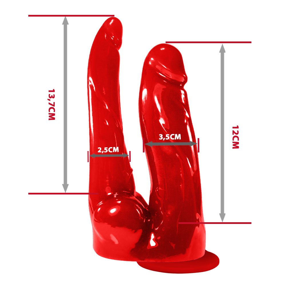 P�nis Duplo com Veias, Vibrador e Ventosa Transl�cido Vermelho - Detalhe do controle com fio para o vibrador